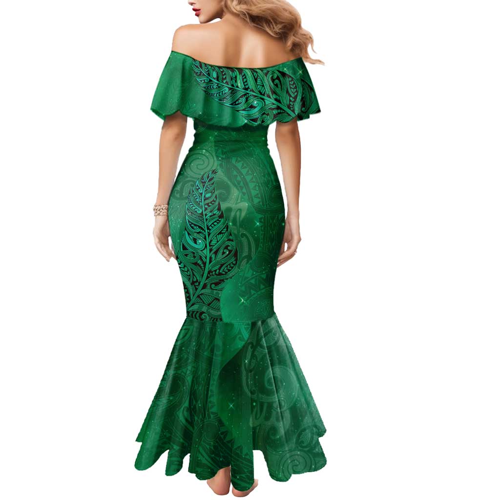 New Zealand Matariki Mermaid Dress Maori Manaia Galaxy Silver Fern Green Color
