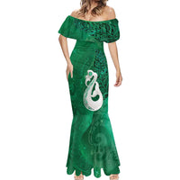 New Zealand Matariki Mermaid Dress Maori Manaia Galaxy Silver Fern Green Color