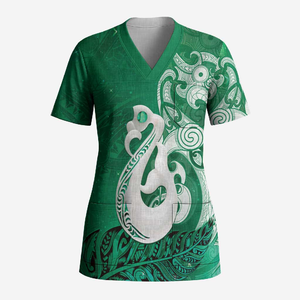 New Zealand Matariki Scrub Top Maori Manaia Galaxy Silver Fern Green Color LT22 Adult Green - Polynesian Pride