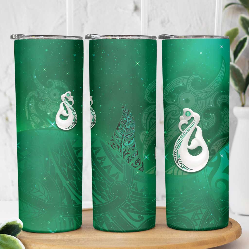 New Zealand Matariki Skinny Tumbler Maori Manaia Galaxy Silver Fern Green Color