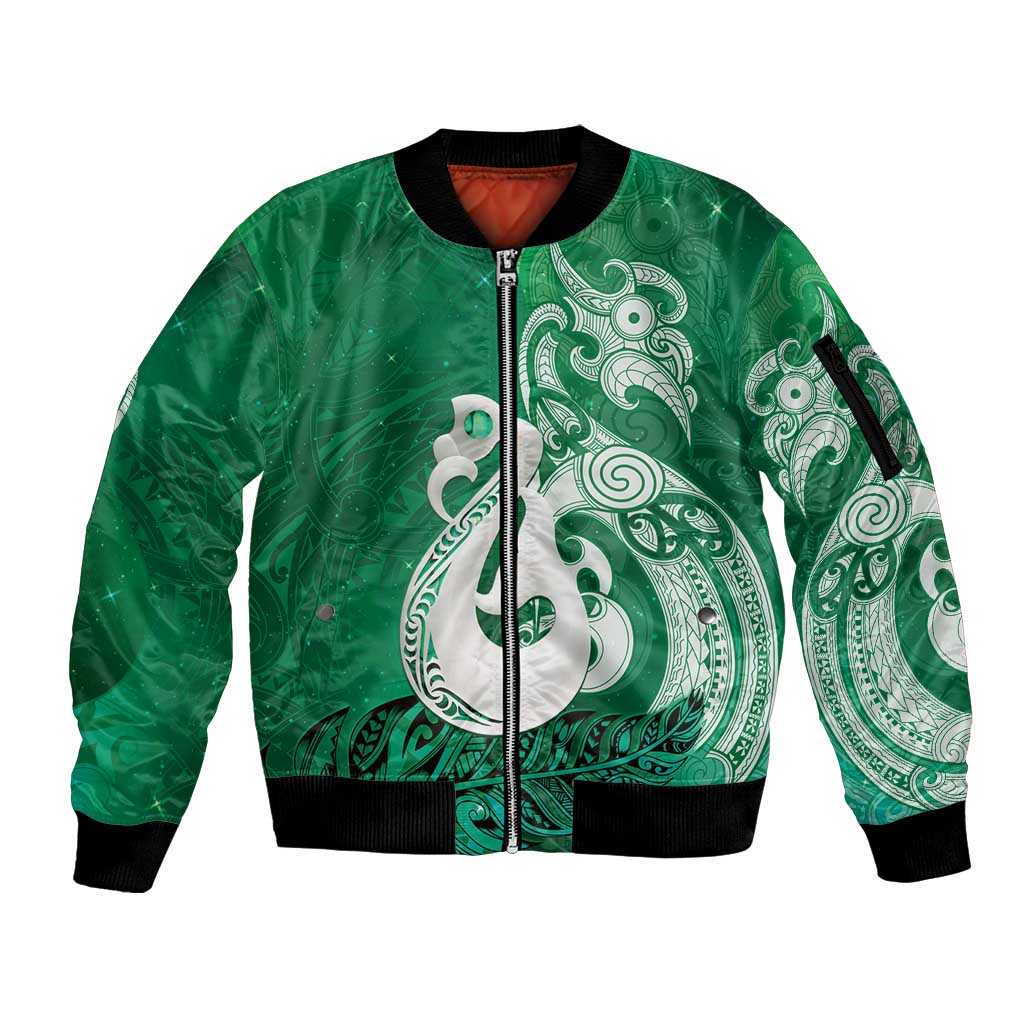 New Zealand Matariki Sleeve Zip Bomber Jacket Maori Manaia Galaxy Silver Fern Green Color LT22 Unisex Green - Polynesian Pride