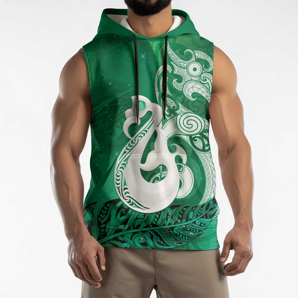 New Zealand Matariki Sleeveless Hoodie Maori Manaia Galaxy Silver Fern Green Color