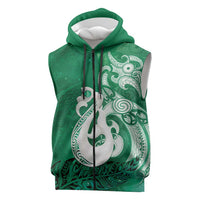 New Zealand Matariki Sleeveless Zip Hoodie Maori Manaia Galaxy Silver Fern Green Color
