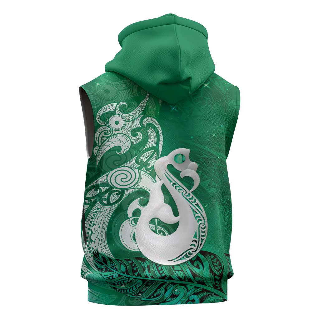 New Zealand Matariki Sleeveless Zip Hoodie Maori Manaia Galaxy Silver Fern Green Color