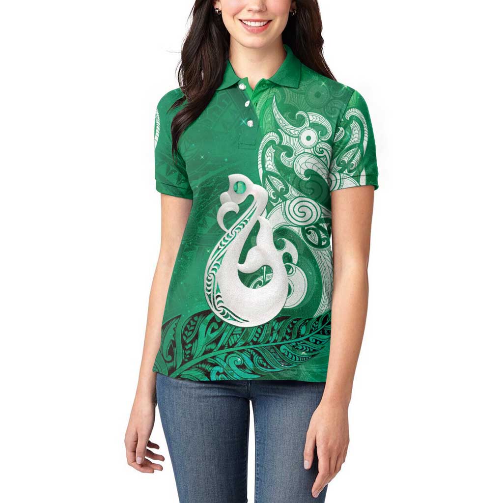 New Zealand Matariki Women Polo Shirt Maori Manaia Galaxy Silver Fern Green Color