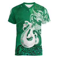 New Zealand Matariki Women V-Neck T-Shirt Maori Manaia Galaxy Silver Fern Green Color