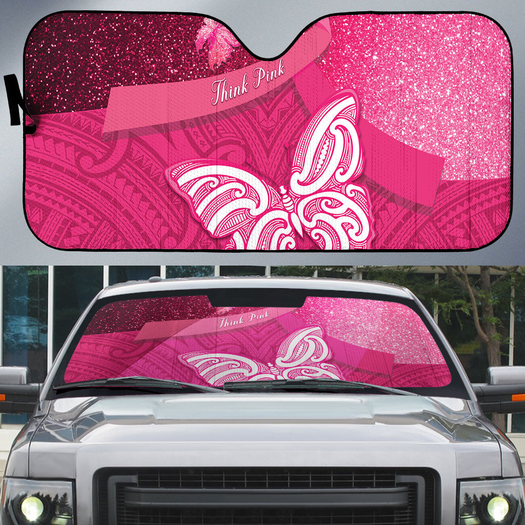 New Zealand Breast Cancer Awareness Auto Sun Shade Pink Ribbon Butterfly Maori Pattern LT22 Pink - Polynesian Pride