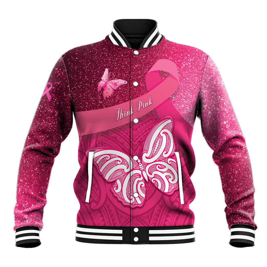 New Zealand Breast Cancer Awareness Baseball Jacket Pink Ribbon Butterfly Maori Pattern LT22 Unisex Pink - Polynesian Pride
