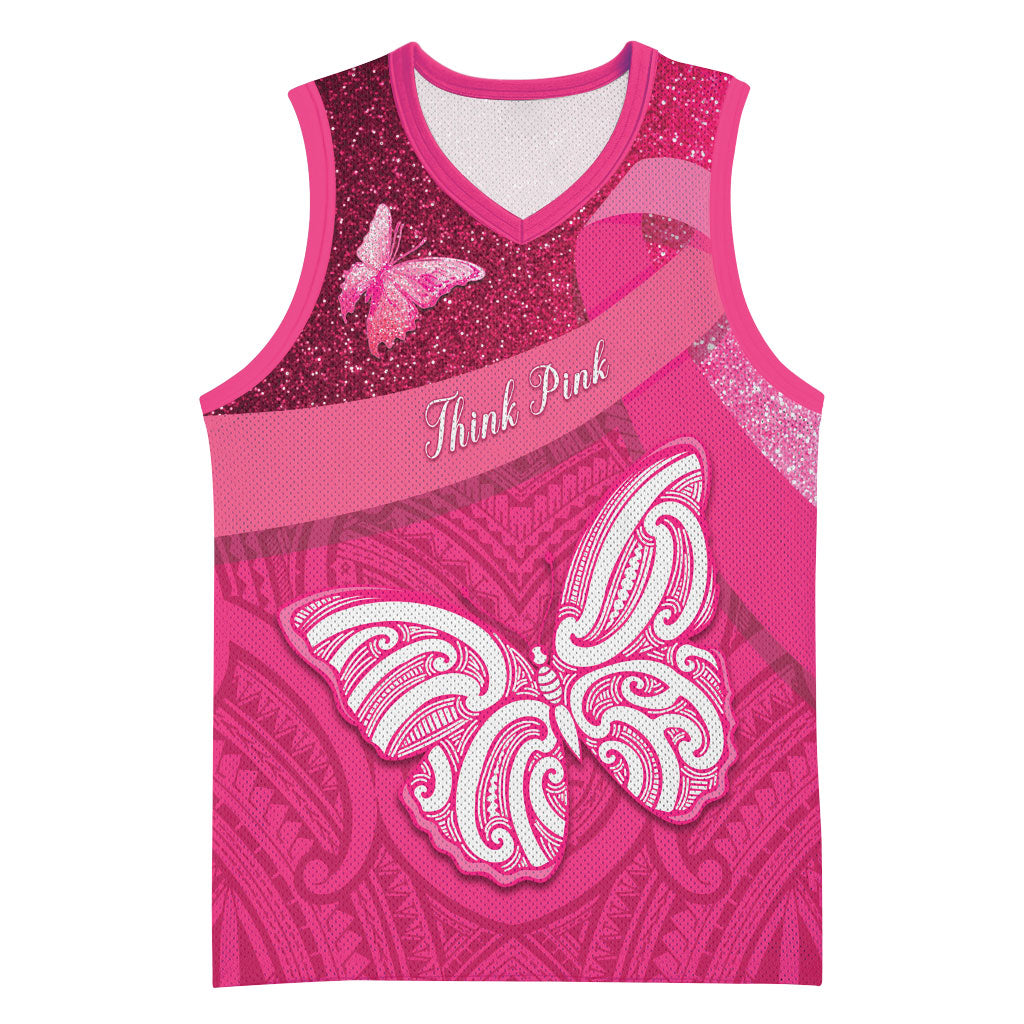 New Zealand Breast Cancer Awareness Basketball Jersey Pink Ribbon Butterfly Maori Pattern LT22 Unisex Pink - Polynesian Pride