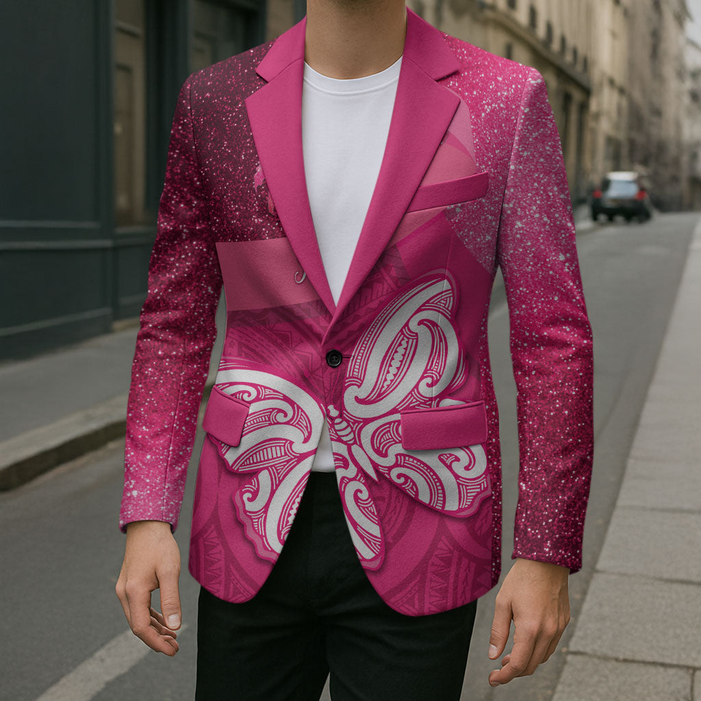 New Zealand Breast Cancer Awareness Blazer Pink Ribbon Butterfly Maori Pattern LT22 - Polynesian Pride
