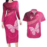 New Zealand Breast Cancer Awareness Couples Matching Long Sleeve Bodycon Dress and Hawaiian Shirt Pink Ribbon Butterfly Maori Pattern