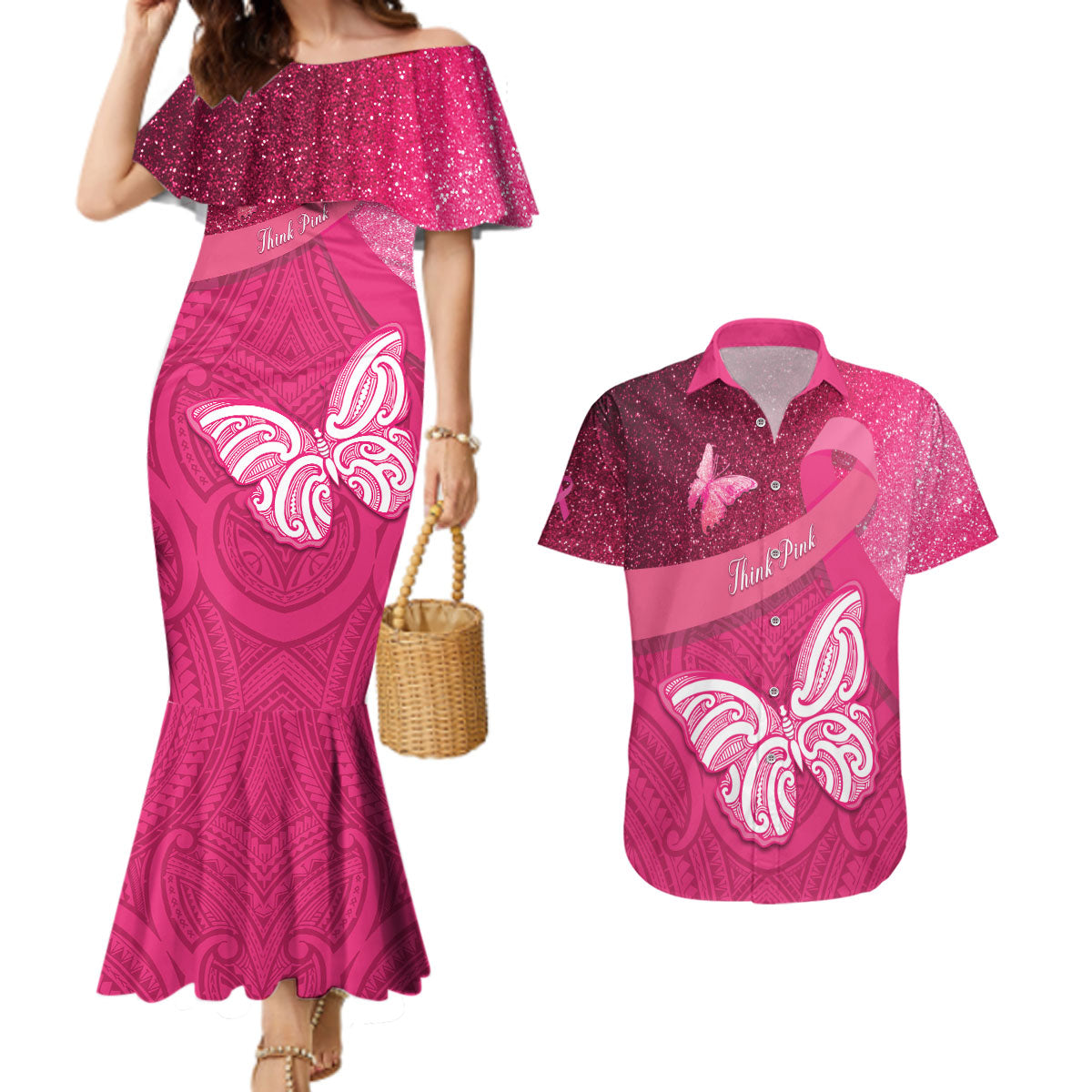 New Zealand Breast Cancer Awareness Couples Matching Mermaid Dress and Hawaiian Shirt Pink Ribbon Butterfly Maori Pattern