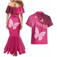 New Zealand Breast Cancer Awareness Couples Matching Mermaid Dress and Hawaiian Shirt Pink Ribbon Butterfly Maori Pattern