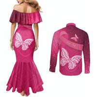New Zealand Breast Cancer Awareness Couples Matching Mermaid Dress and Long Sleeve Button Shirt Pink Ribbon Butterfly Maori Pattern