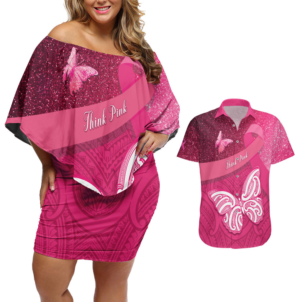 New Zealand Breast Cancer Awareness Couples Matching Off Shoulder Short Dress and Hawaiian Shirt Pink Ribbon Butterfly Maori Pattern