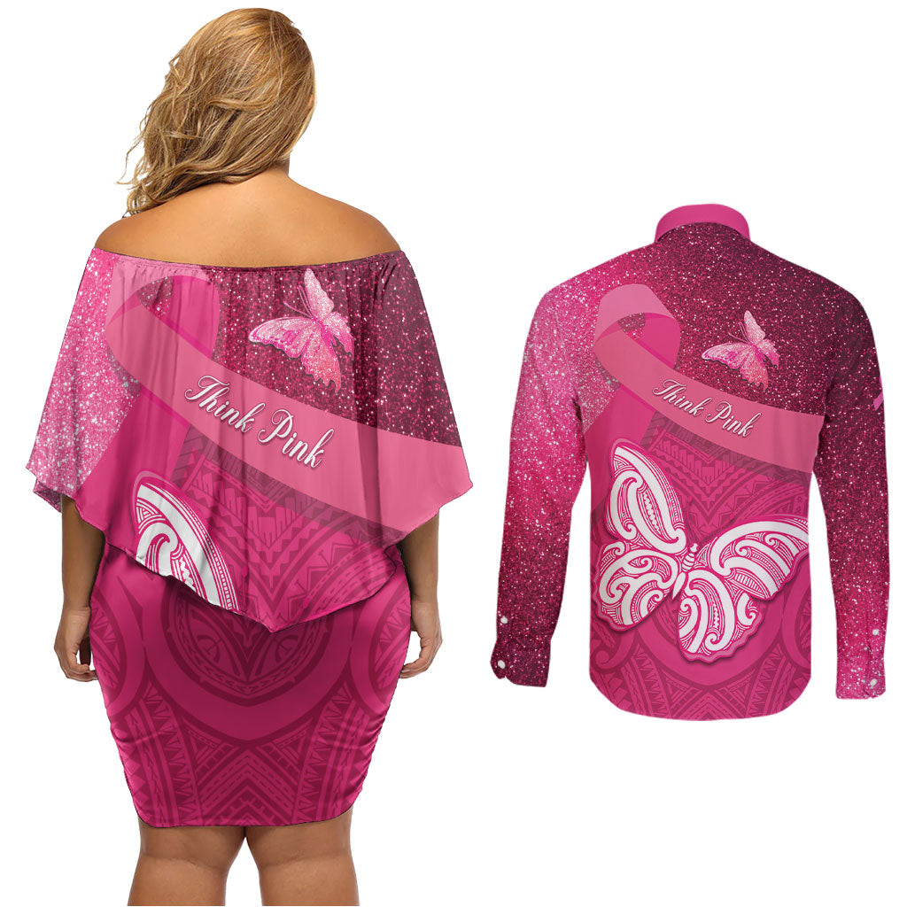 New Zealand Breast Cancer Awareness Couples Matching Off Shoulder Short Dress and Long Sleeve Button Shirt Pink Ribbon Butterfly Maori Pattern