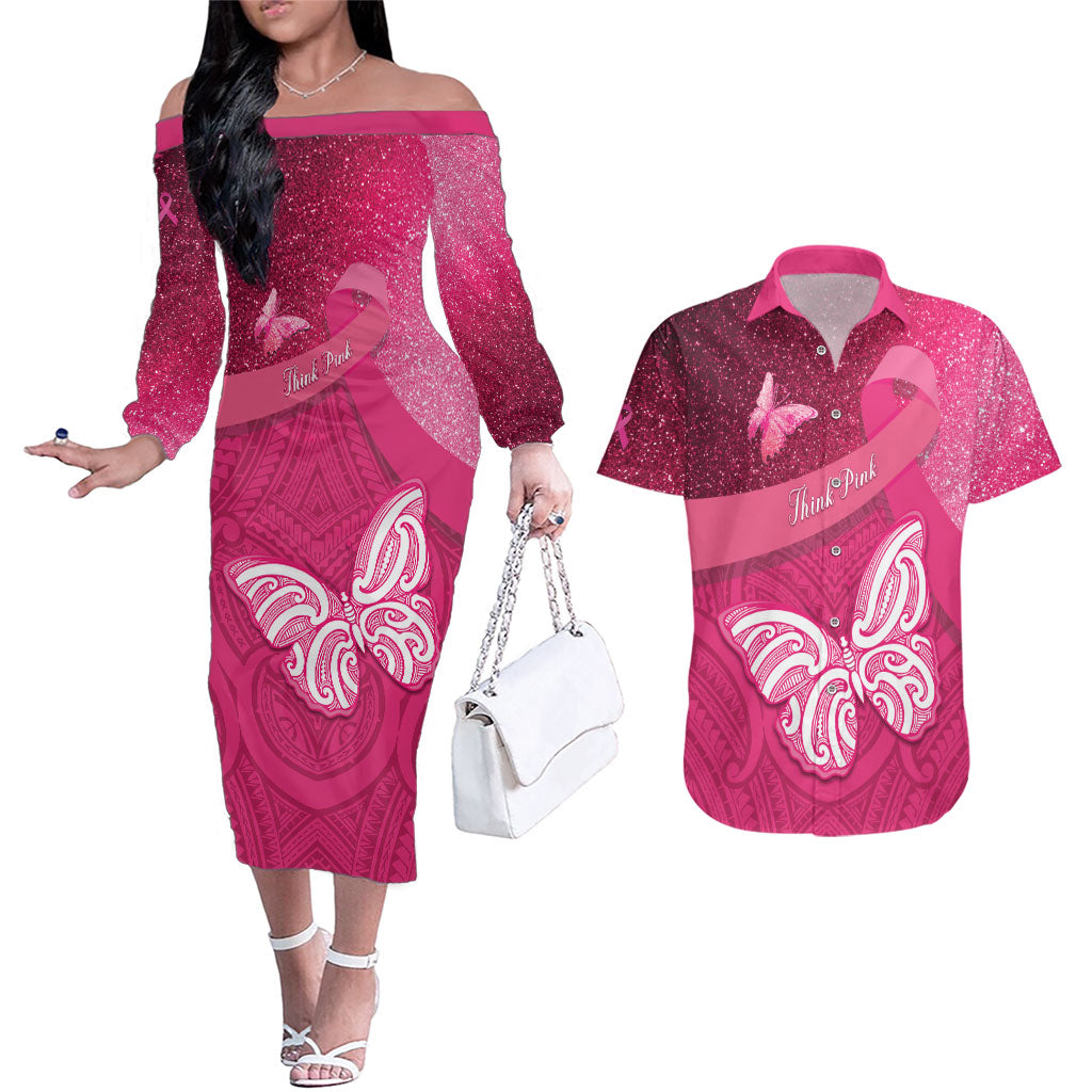 New Zealand Breast Cancer Awareness Couples Matching Off The Shoulder Long Sleeve Dress and Hawaiian Shirt Pink Ribbon Butterfly Maori Pattern LT22 Pink - Polynesian Pride