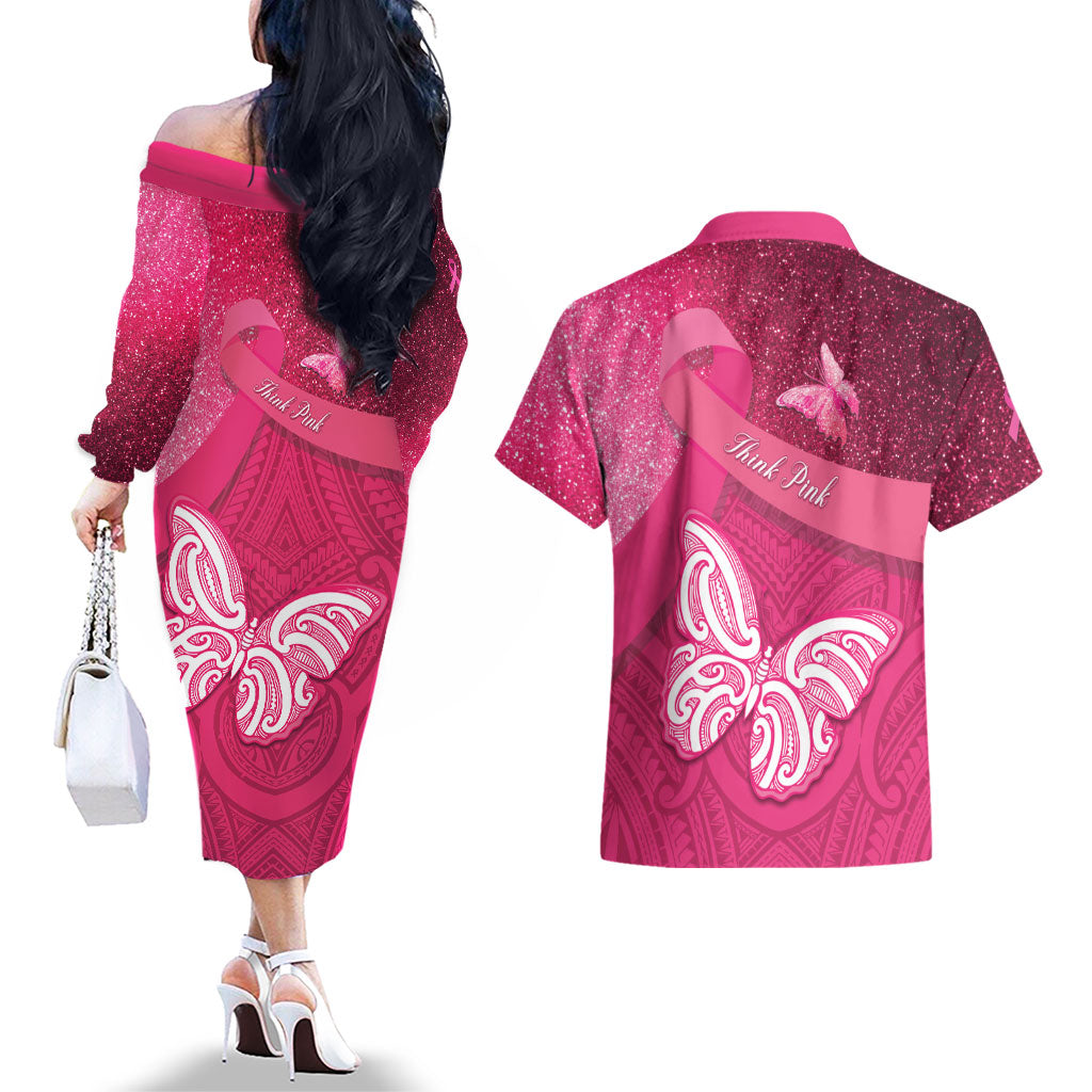New Zealand Breast Cancer Awareness Couples Matching Off The Shoulder Long Sleeve Dress and Hawaiian Shirt Pink Ribbon Butterfly Maori Pattern