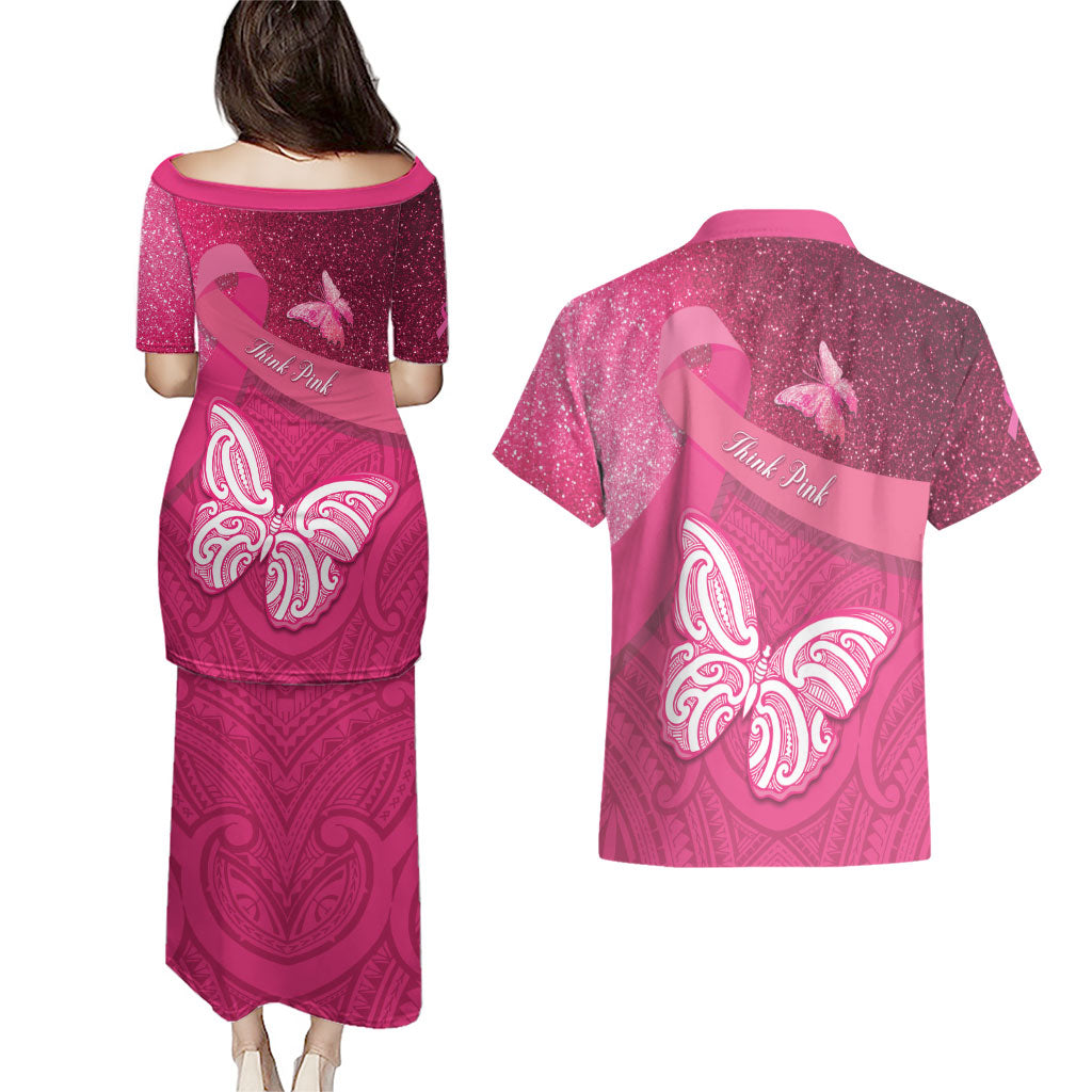 New Zealand Breast Cancer Awareness Couples Matching Puletasi and Hawaiian Shirt Pink Ribbon Butterfly Maori Pattern