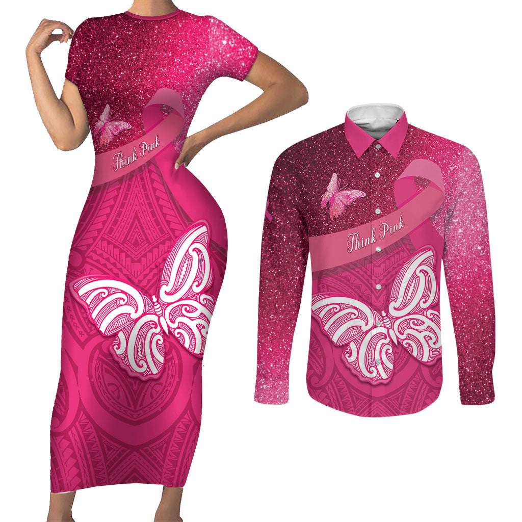 New Zealand Breast Cancer Awareness Couples Matching Short Sleeve Bodycon Dress and Long Sleeve Button Shirt Pink Ribbon Butterfly Maori Pattern LT22 Pink - Polynesian Pride