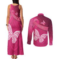 New Zealand Breast Cancer Awareness Couples Matching Tank Maxi Dress and Long Sleeve Button Shirt Pink Ribbon Butterfly Maori Pattern