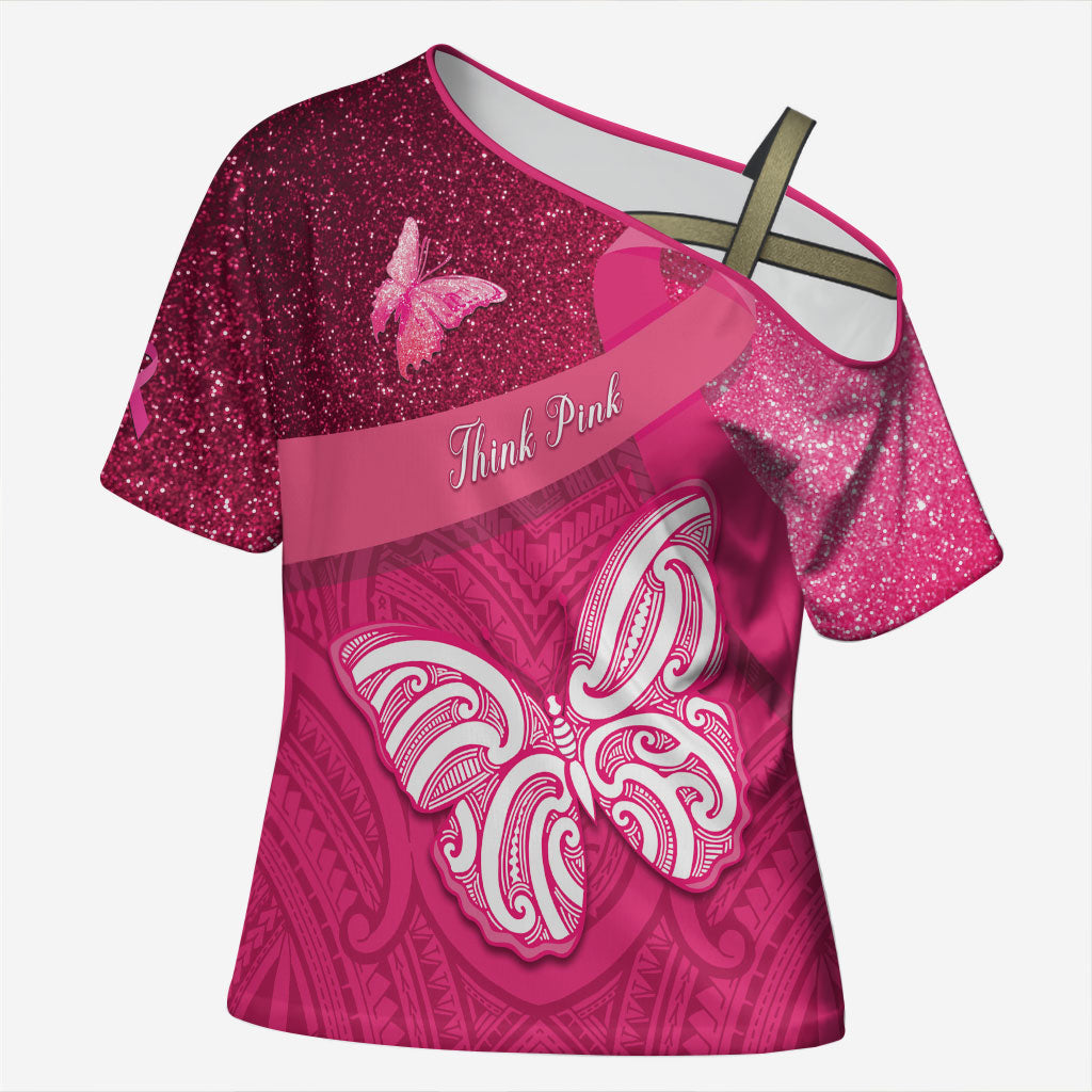 New Zealand Breast Cancer Awareness Cross Shoulder Shirt Pink Ribbon Butterfly Maori Pattern LT22 Female Pink - Polynesian Pride