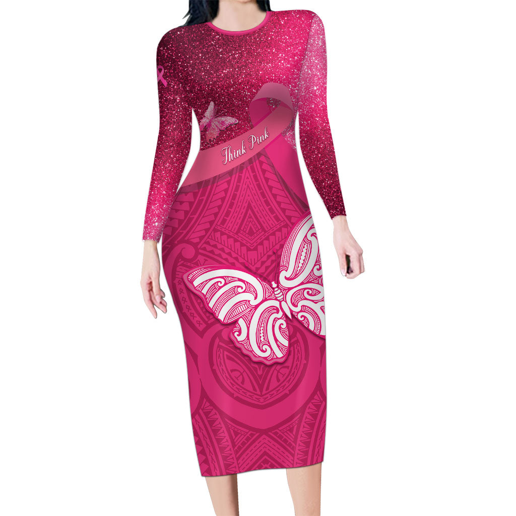 New Zealand Breast Cancer Awareness Family Matching Long Sleeve Bodycon Dress and Hawaiian Shirt Pink Ribbon Butterfly Maori Pattern