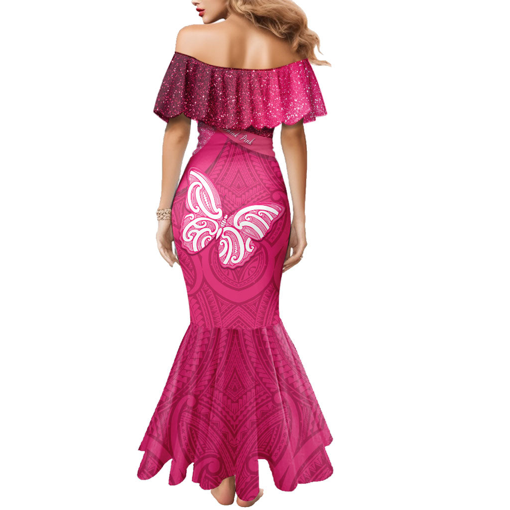 New Zealand Breast Cancer Awareness Family Matching Mermaid Dress and Hawaiian Shirt Pink Ribbon Butterfly Maori Pattern