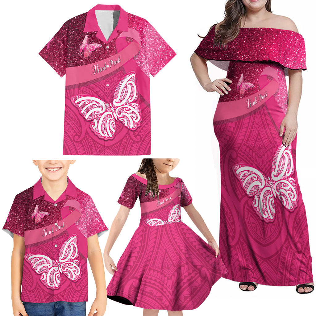 New Zealand Breast Cancer Awareness Family Matching Off Shoulder Maxi Dress and Hawaiian Shirt Pink Ribbon Butterfly Maori Pattern