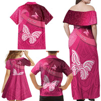 New Zealand Breast Cancer Awareness Family Matching Off Shoulder Maxi Dress and Hawaiian Shirt Pink Ribbon Butterfly Maori Pattern