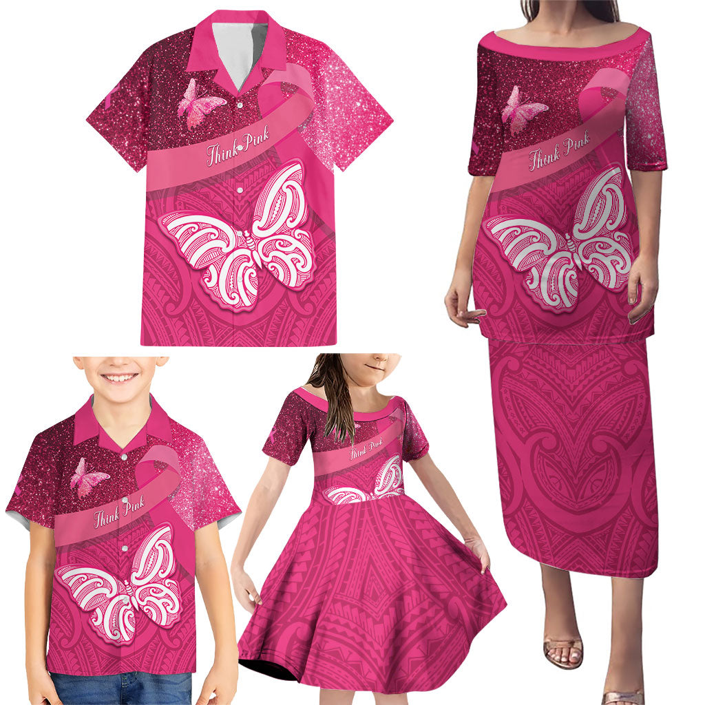 New Zealand Breast Cancer Awareness Family Matching Puletasi and Hawaiian Shirt Pink Ribbon Butterfly Maori Pattern LT22 - Polynesian Pride