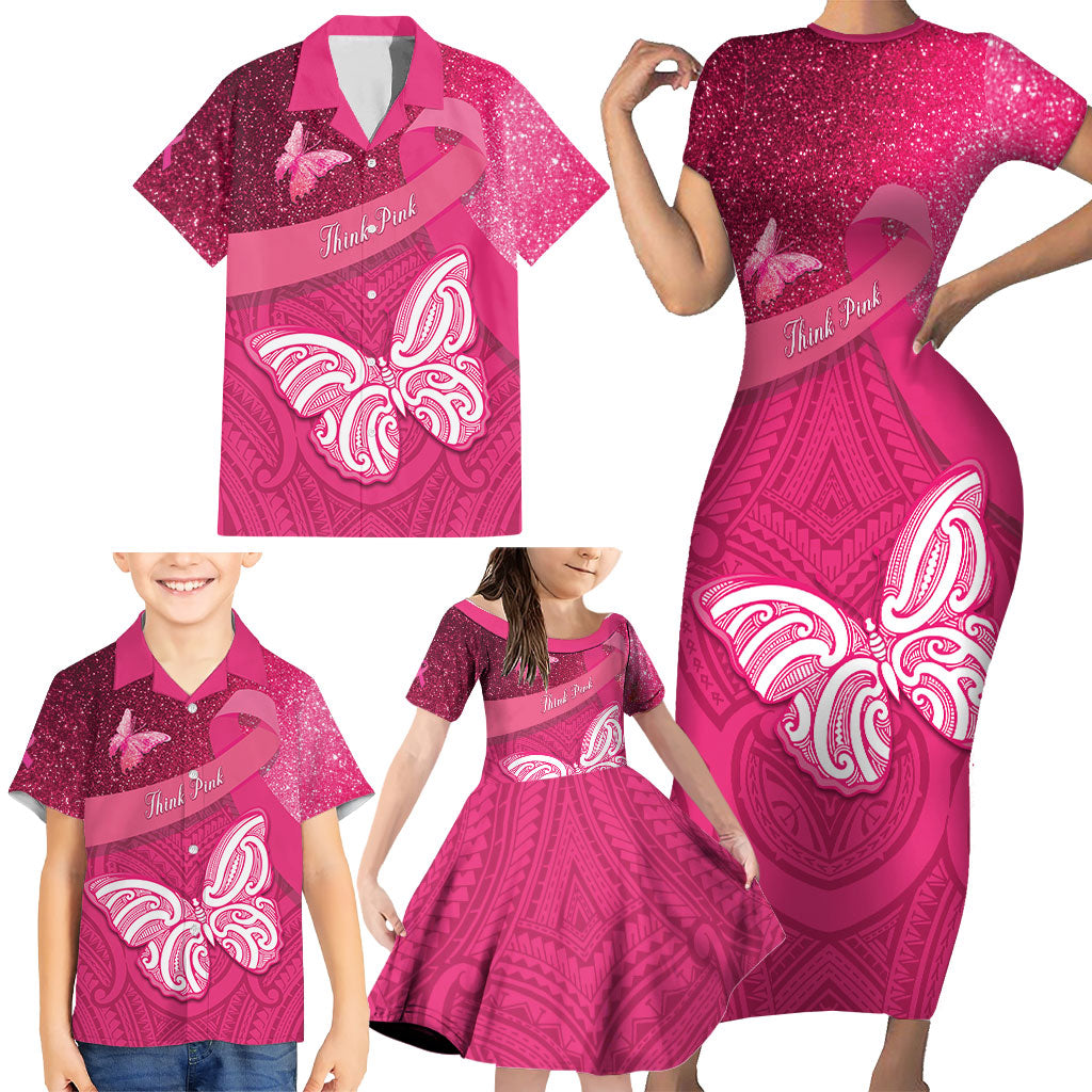 New Zealand Breast Cancer Awareness Family Matching Short Sleeve Bodycon Dress and Hawaiian Shirt Pink Ribbon Butterfly Maori Pattern LT22 - Polynesian Pride