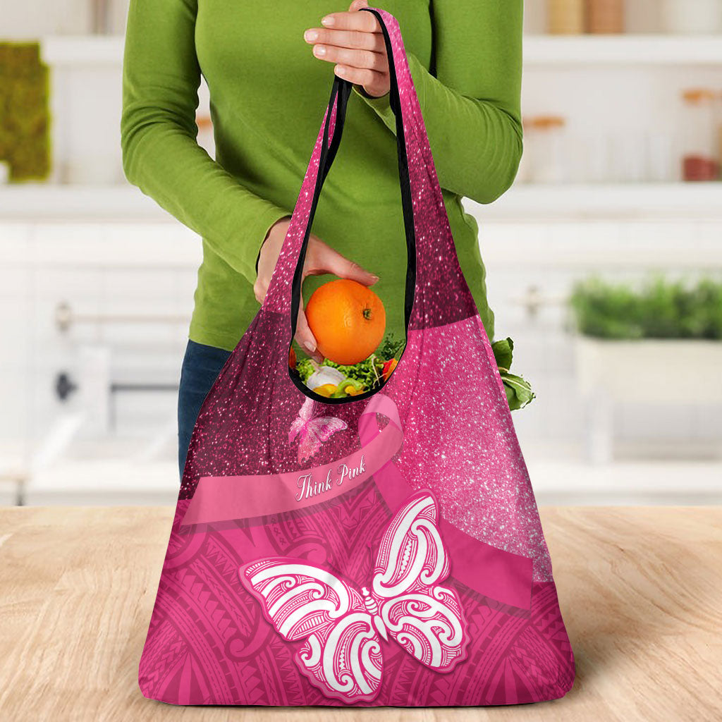 New Zealand Breast Cancer Awareness Grocery Bag Pink Ribbon Butterfly Maori Pattern LT22 - Polynesian Pride