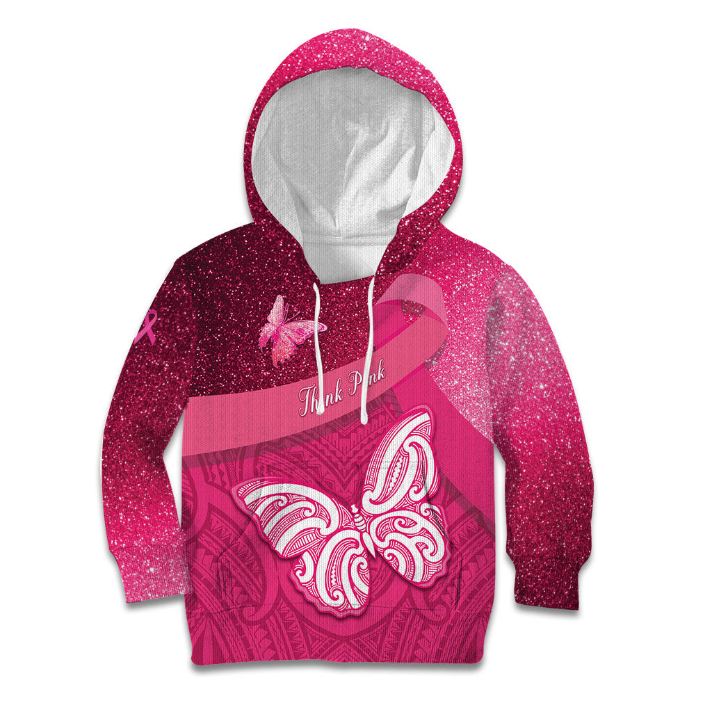 New Zealand Breast Cancer Awareness Kid Hoodie Pink Ribbon Butterfly Maori Pattern LT22 Hoodie Pink - Polynesian Pride