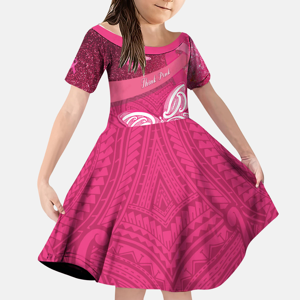 New Zealand Breast Cancer Awareness Kid Short Sleeve Dress Pink Ribbon Butterfly Maori Pattern LT22 KID Pink - Polynesian Pride