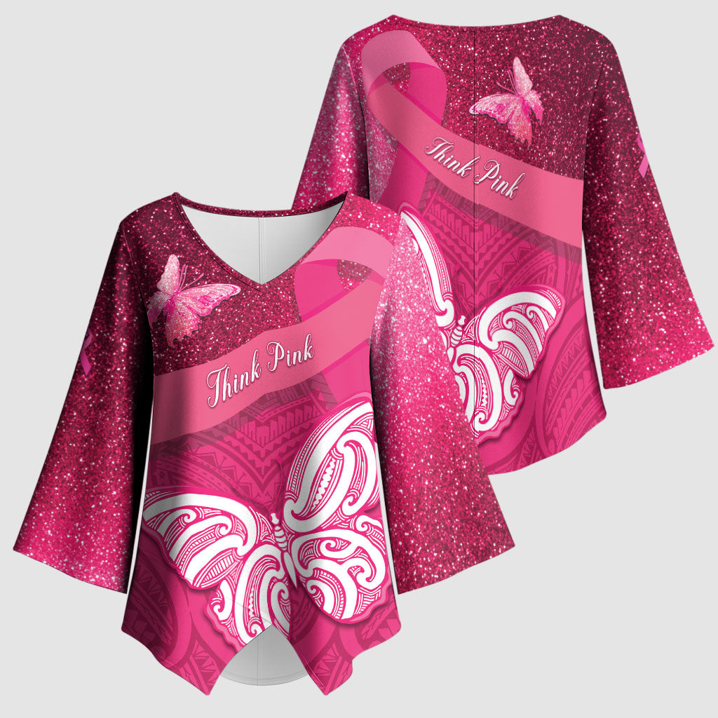 New Zealand Breast Cancer Awareness Kimono Sleeve Blouse Pink Ribbon Butterfly Maori Pattern LT22 - Polynesian Pride