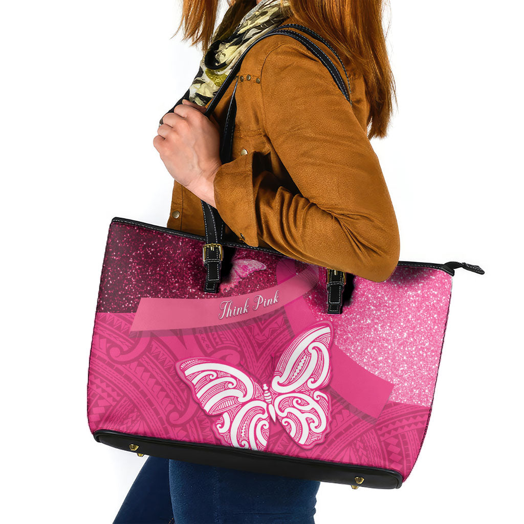 New Zealand Breast Cancer Awareness Leather Tote Bag Pink Ribbon Butterfly Maori Pattern LT22 Pink - Polynesian Pride