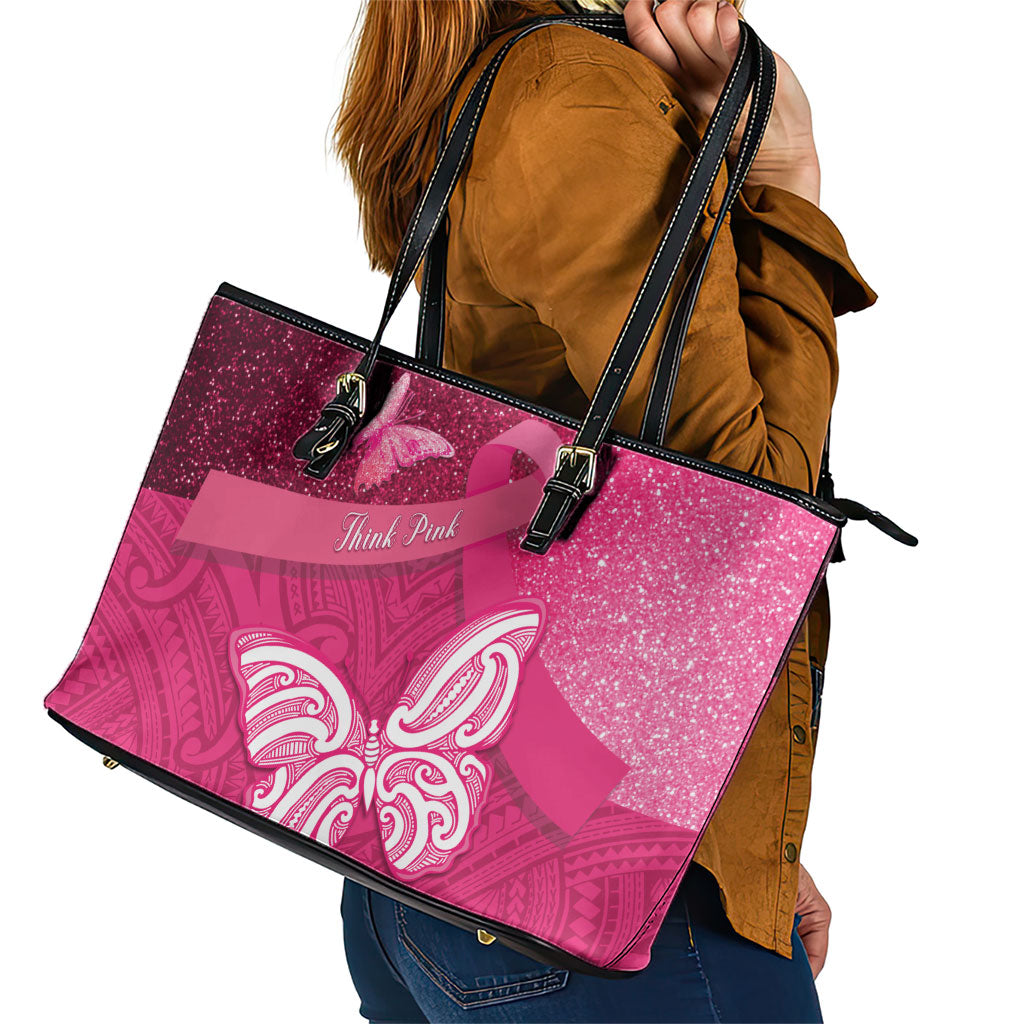 New Zealand Breast Cancer Awareness Leather Tote Bag Pink Ribbon Butterfly Maori Pattern LT22 - Polynesian Pride