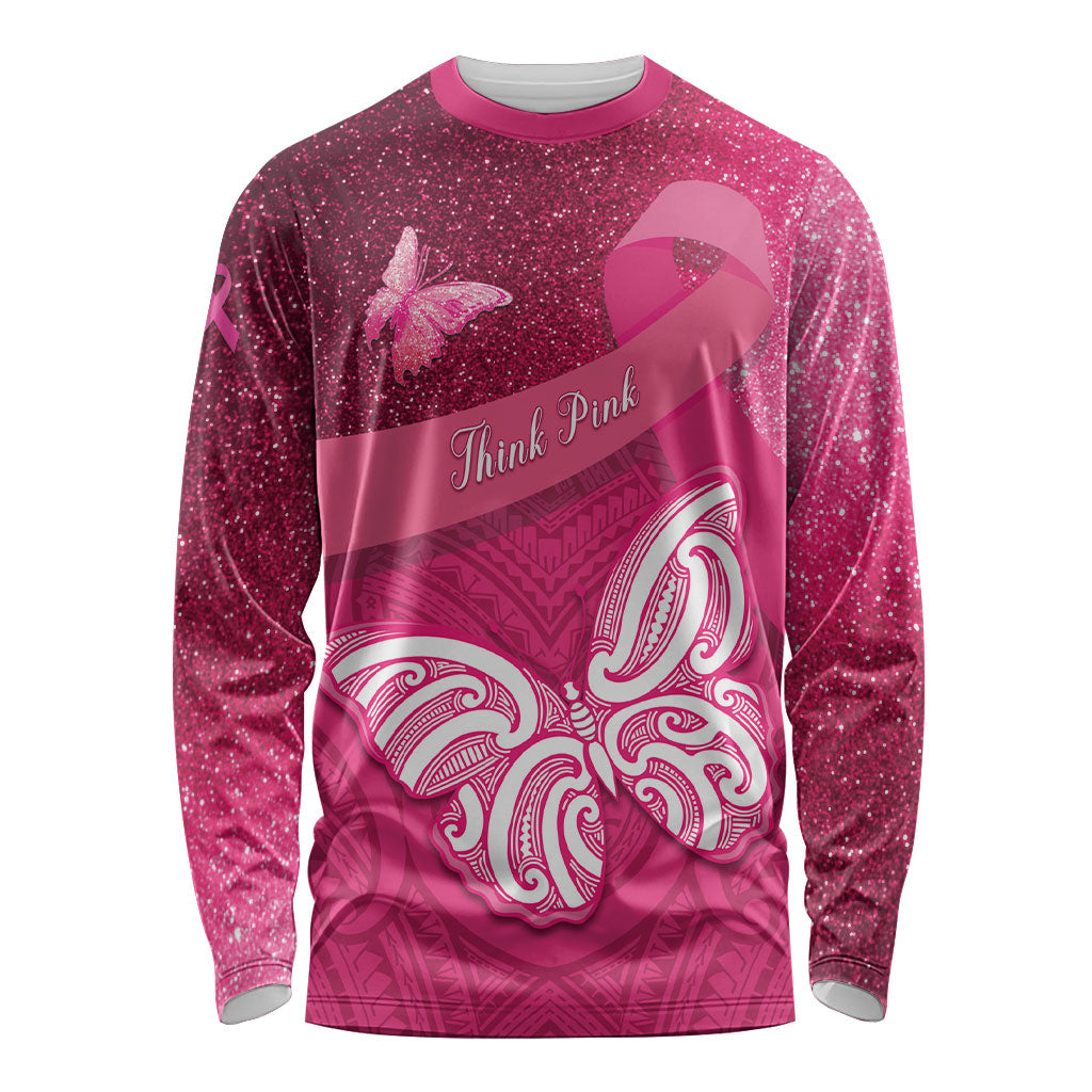 New Zealand Breast Cancer Awareness Long Sleeve Shirt Pink Ribbon Butterfly Maori Pattern LT22 Unisex Pink - Polynesian Pride
