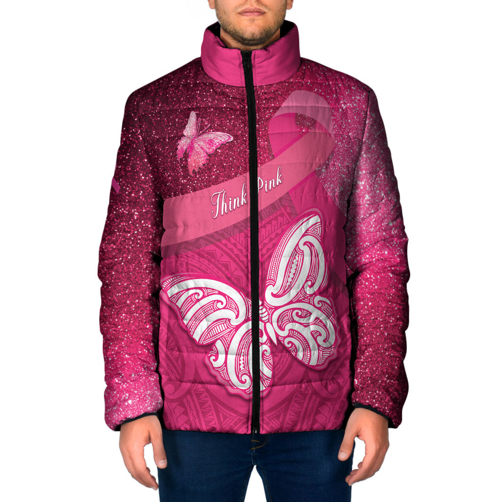 New Zealand Breast Cancer Awareness Padded Jacket Pink Ribbon Butterfly Maori Pattern LT22 Men Pink - Polynesian Pride