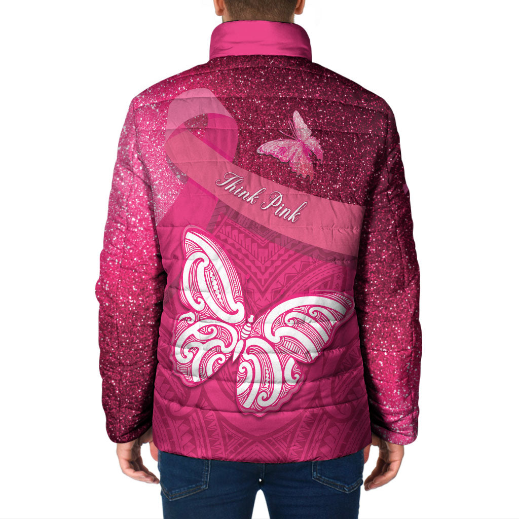 New Zealand Breast Cancer Awareness Padded Jacket Pink Ribbon Butterfly Maori Pattern LT22 - Polynesian Pride