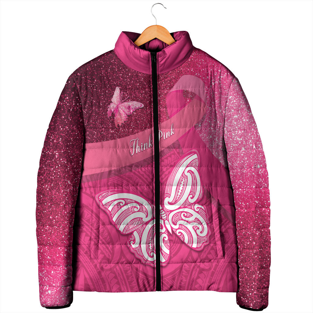 New Zealand Breast Cancer Awareness Padded Jacket Pink Ribbon Butterfly Maori Pattern LT22 - Polynesian Pride