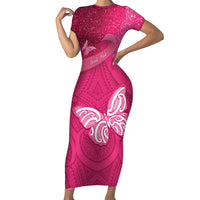 New Zealand Breast Cancer Awareness Short Sleeve Bodycon Dress Pink Ribbon Butterfly Maori Pattern