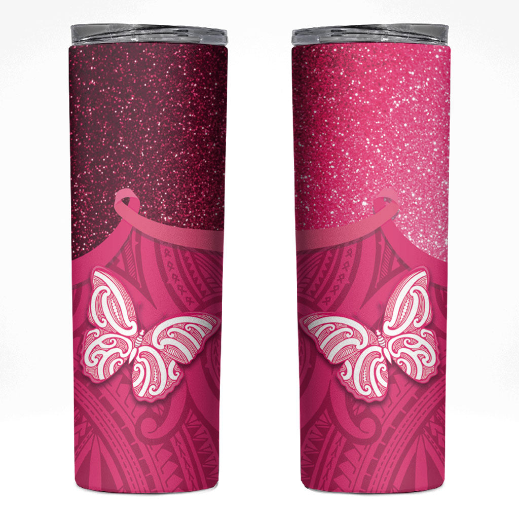 New Zealand Breast Cancer Awareness Skinny Tumbler Pink Ribbon Butterfly Maori Pattern LT22 Pink - Polynesian Pride