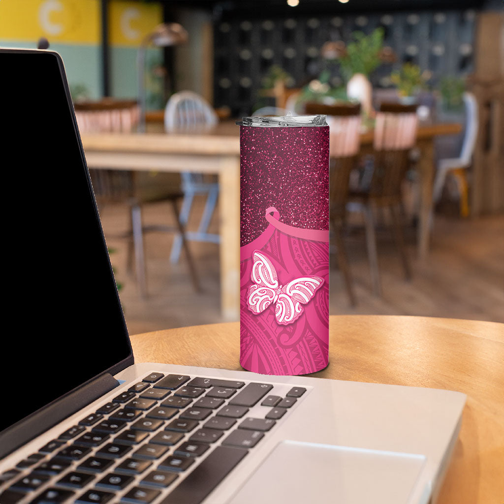 New Zealand Breast Cancer Awareness Skinny Tumbler Pink Ribbon Butterfly Maori Pattern