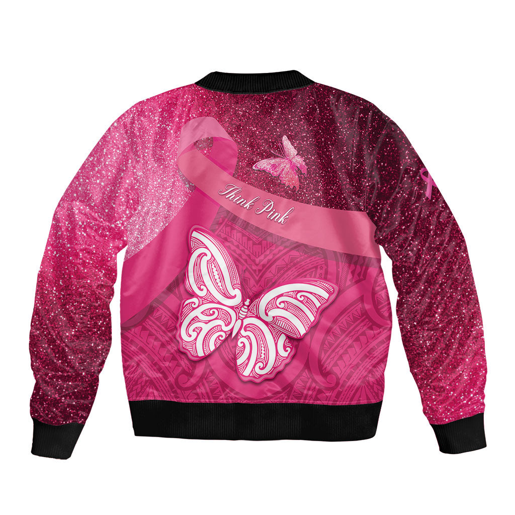 New Zealand Breast Cancer Awareness Sleeve Zip Bomber Jacket Pink Ribbon Butterfly Maori Pattern LT22 - Polynesian Pride