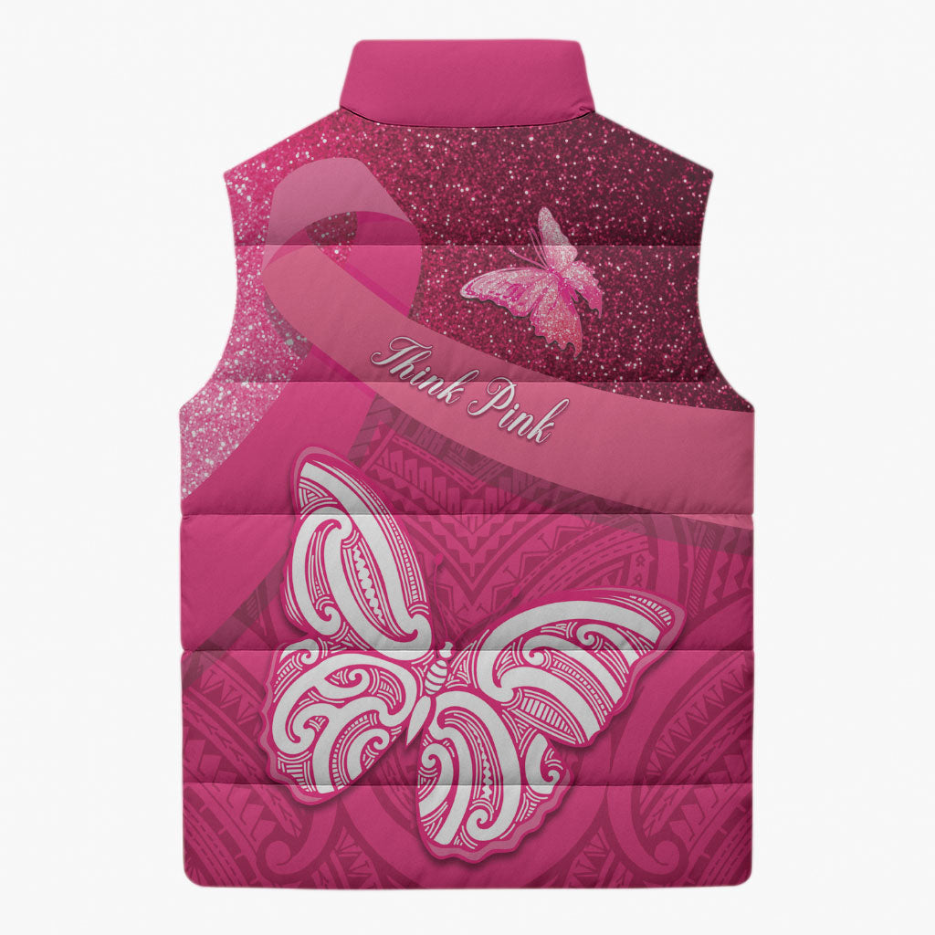 New Zealand Breast Cancer Awareness Sleeveless Puffer Jacket Pink Ribbon Butterfly Maori Pattern LT22 - Polynesian Pride