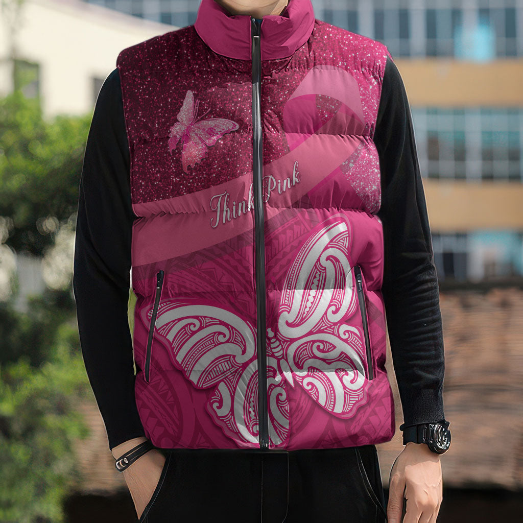 New Zealand Breast Cancer Awareness Sleeveless Puffer Jacket Pink Ribbon Butterfly Maori Pattern LT22 - Polynesian Pride