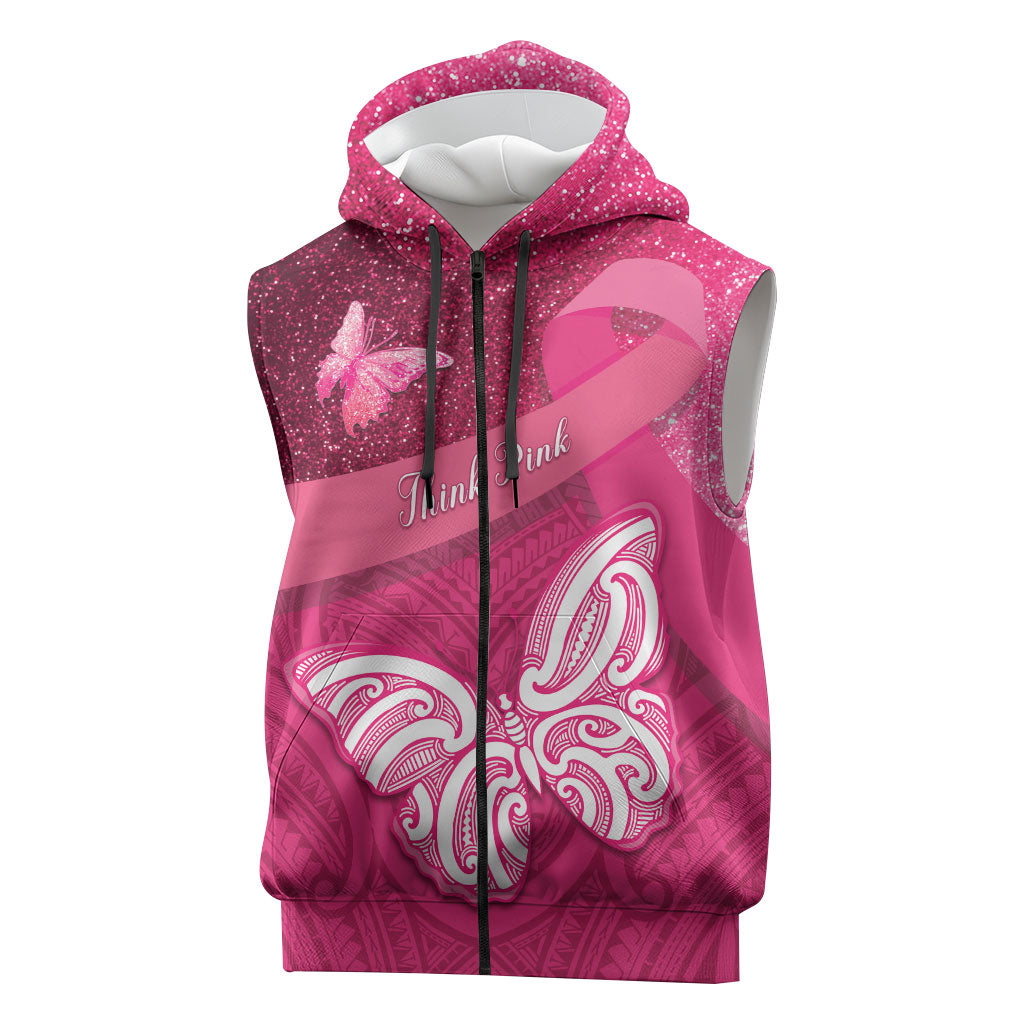 New Zealand Breast Cancer Awareness Sleeveless Zip Hoodie Pink Ribbon Butterfly Maori Pattern LT22 Pink - Polynesian Pride