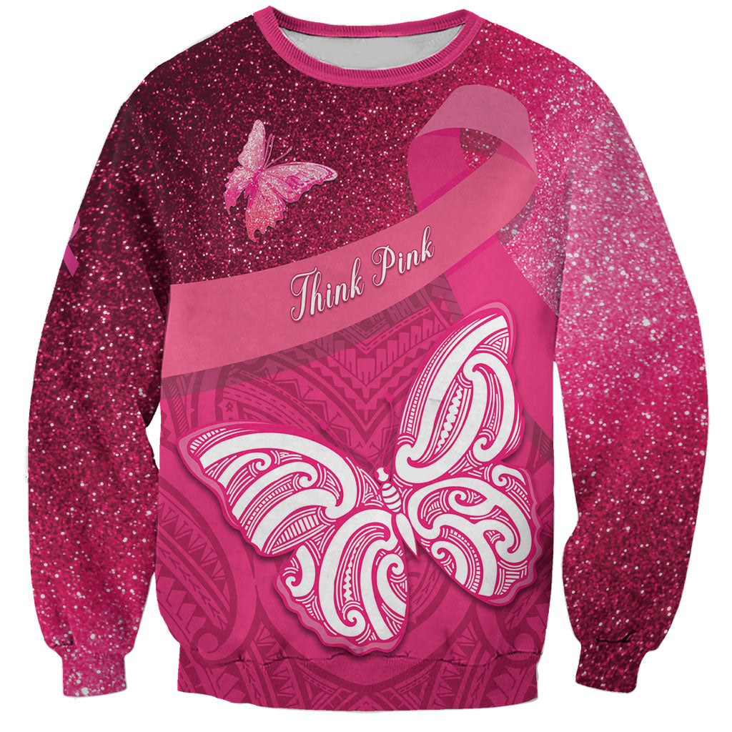 New Zealand Breast Cancer Awareness Sweatshirt Pink Ribbon Butterfly Maori Pattern LT22 Unisex Pink - Polynesian Pride